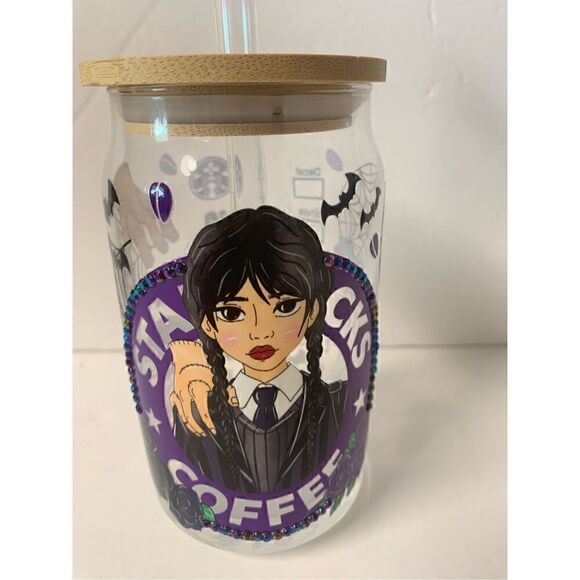 Handmade Beer can shaped glass cup with Bamboo lid, straw topper, Wednesday - Picture 4 of 11